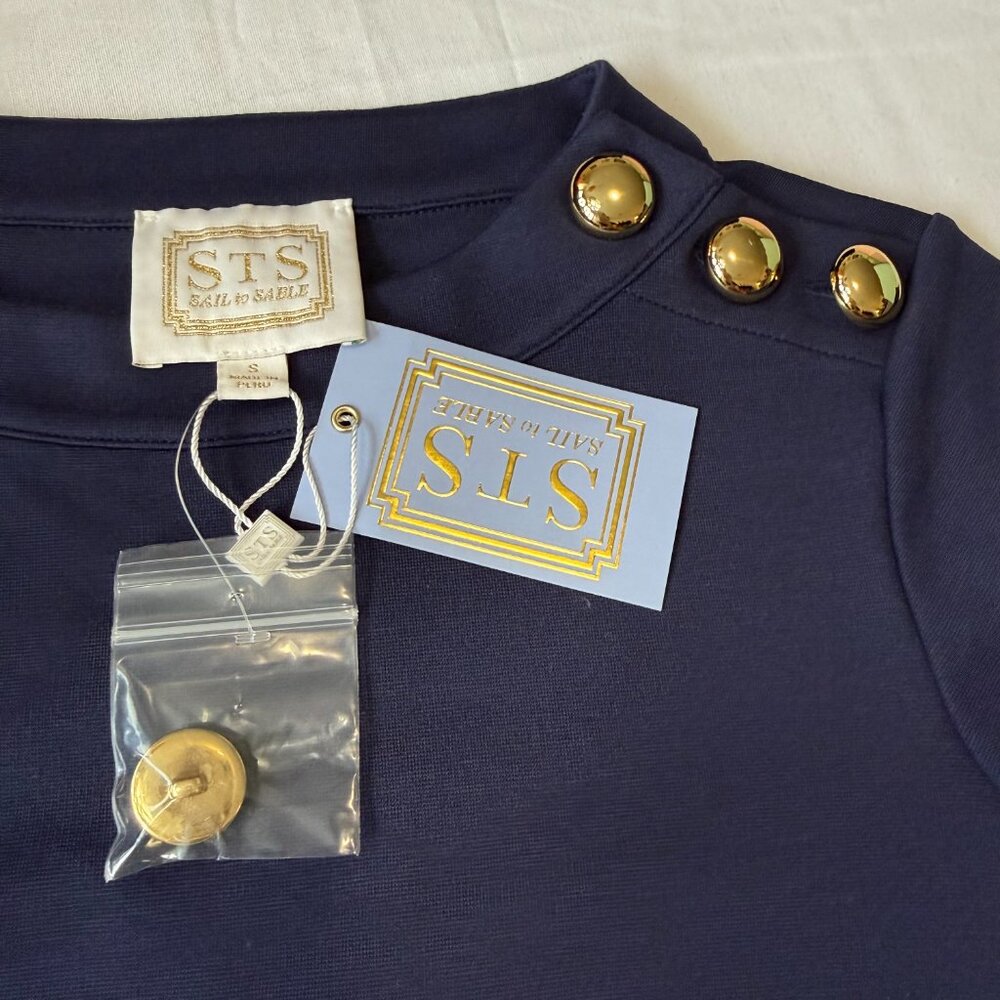 Sail to Sable Navy Blue Shift Dress Gold Button Tunic Small Preppy Coastal - Picture 4 of 8